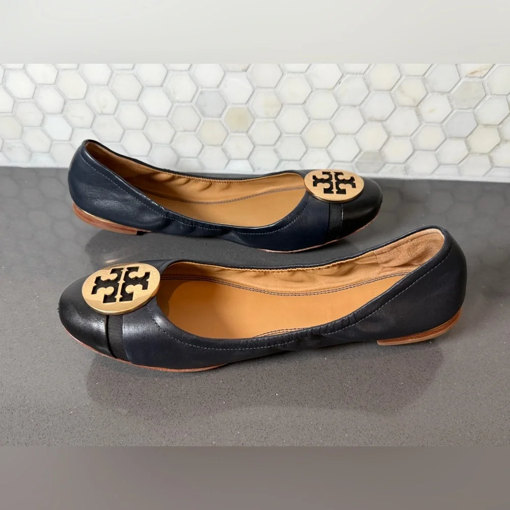 Tory Burch Minnie Cap Toe Travel Ballet Flats in Navy & Black Sz 7.5 EUC